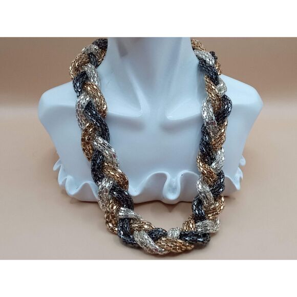 Mesh Chain Silver Gold Tone Black Adjustable Braided Vintage Necklace - Picture 2 of 7